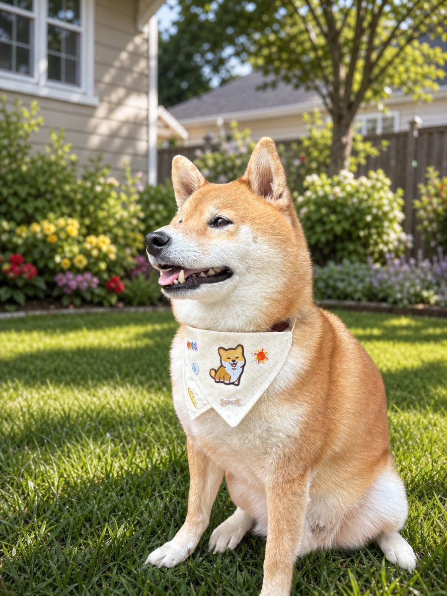 Shiba Inu wearing a personalized bandana in a sunny family garden