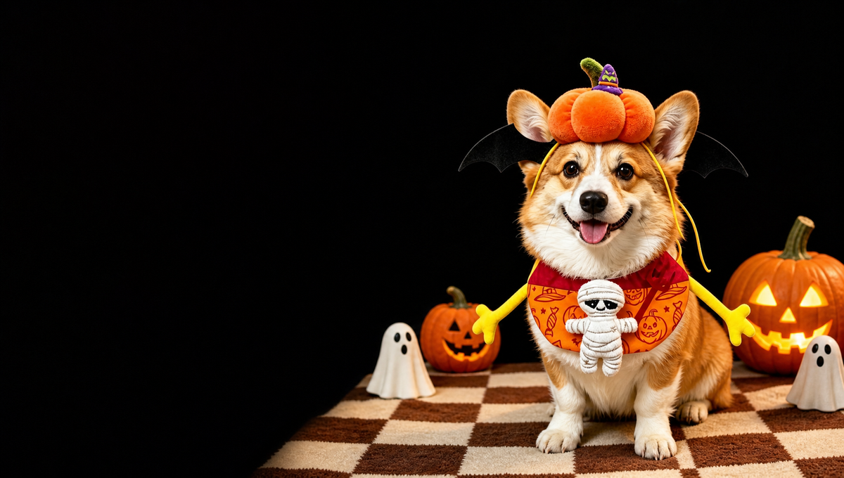 Halloween pet collection banner featuring a corgi in a pumpkin costume