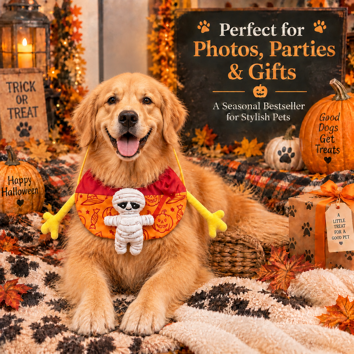 Golden retriever wearing the Halloween mummy bib