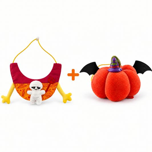 Halloween mummy bib and pumpkin bat headpiece set on a white background