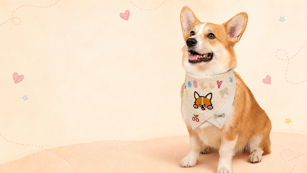 Happy corgi wearing a personalized Molly embroidered bandana on a cream stitched background